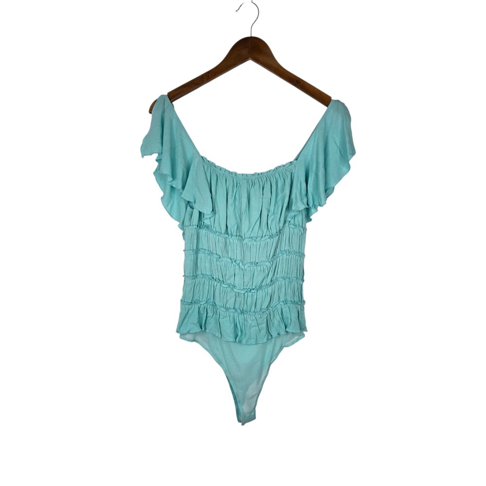 143 Story Bodysuit Womens S Turquoise Gauze Smocked Ruffle Off Shoulder Boho